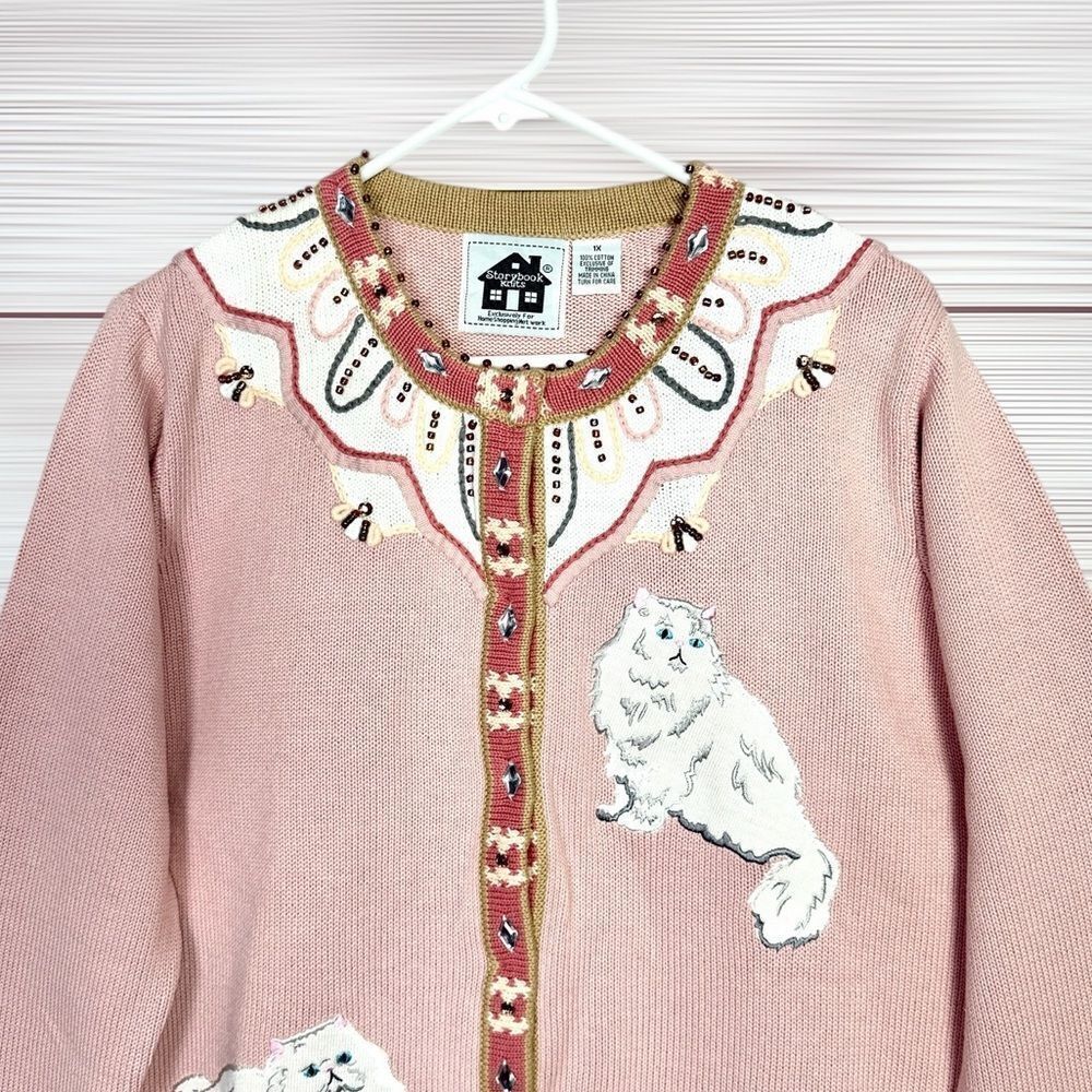 NWT Storybook Knits Cats Design Cardigan Pink Beaded Cotton size 1X Vintage - Picture 3 of 16